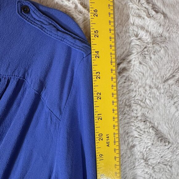 Anthropologie Maeve Dress L Lene Crepe Faux Wrap Pockets Blue Roll Tab Sleeve - Picture 13 of 15